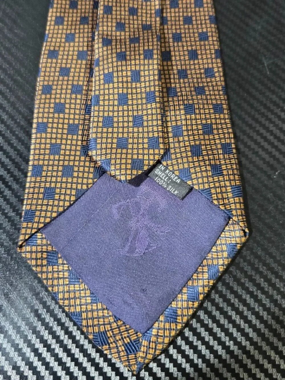 Tied&True Gold/Blue Geometric Patterned 100% Silk Tie Hand-made in Korea